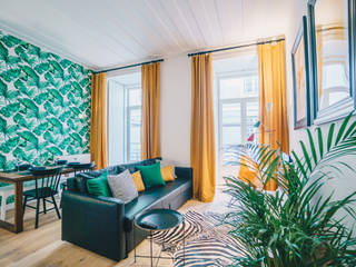 Apartamento T1 | Lisboa, YS PROJECT DESIGN YS PROJECT DESIGN Phòng khách phong cách nhiệt đới Dệt may Amber/Gold