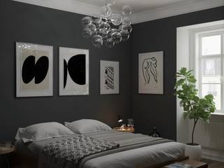 Scandinavian black design, Irena Pavlyshyn Irena Pavlyshyn Skandinavische Schlafzimmer Holz Schwarz Beleuchtung