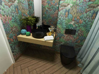 Ambientes 3D de casas de banho Smile Bath, Smile Bath S.A. Smile Bath S.A. Casas de banho ecléticas Bancada lund,My Black cano alto,Lavatório Art 10,Sanita Time preta,papel parede,cerâmica preta,chão madeira,bancada carvalho