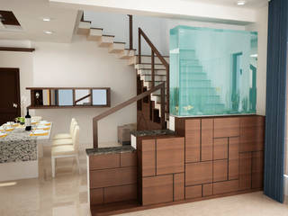 Stairs area other side with panel and Aquarium homify 樓梯