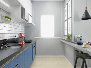 Cozinha, espaço de jantar e sala de tv integradas, Yasmin Giese Arquitetura e Interiores Yasmin Giese Arquitetura e Interiores Kitchen units MDF