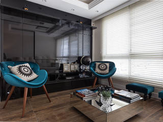 living azul turquesa e preto, ABHP ARQUITETURA ABHP ARQUITETURA Salas modernas Derivados de madera Transparente