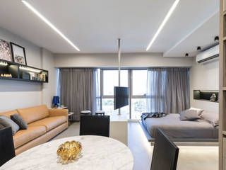 projeto apartamento flat contemporâneo, ABHP ARQUITETURA ABHP ARQUITETURA Ruang Keluarga Minimalis Marmer