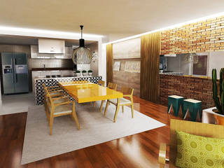Apartamento Living Park Sul, Fabrício Cardoso Arquitetura Fabrício Cardoso Arquitetura Modern Dining Room Wood Multicolored