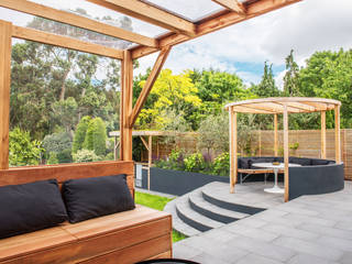 An exceptional approach to tiered spaces Kate Eyre Garden Design Jardines de estilo mediterráneo Kate Eyre Garden Design, Kate Eyre, Balau, Decking, Outdoor Seating, Cedar Cladding, Lawn, Grass, Garden Design, Contemporary, Modern, Raised Bed, Porcelain, Patio, South Facing, Planting, Decking Design, Stepping Stones, Pathway, Garden Storage, Jasmin, Plants, Private, Garden Furniture, Heuchera, Clematis, Phormium