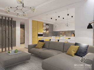 Трёхкомнатная квартира в ЖК «Цветы». г. Нижний Новгород, Мастерская дизайна Welcome Studio Мастерская дизайна Welcome Studio Living room