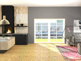 Offene Küche, Raum und Mensch Raum und Mensch Modern living room Wood Grey