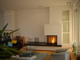 Eckkamin mit Granitbank und Regal, FORMTEQ FORMTEQ Modern living room Granite