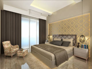 MASTER BEDROOM A Design Studio Minimalist bedroom Silver/Gold BEDROOM,WALLPAPER,ELEGANT DECOR,RUG,EASY CHAIR,BEIGE INTERIOR,MIRROR,TINTED GLASS,HANGING LIGHTS,LEATHER BEDBACK,MARBLE,warm colours