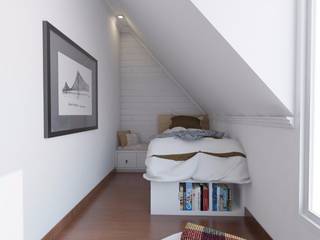 Scandinavian Home Office and Bedroom, SARAÈ Interior Design SARAÈ Interior Design 寝室ベッド＆ヘッドボード 合板（ベニヤ板） 白色