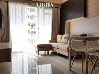 INTERIOR APARTEMEN di Gateway Pasteur Apartemen, Likha Interior Likha Interior Minimalist living room Plywood Wood effect