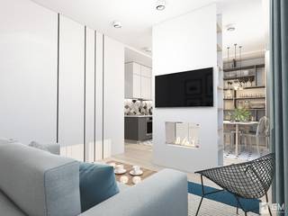 Дизайн однокомнатной квартиры 43 кв. м — всё в одном с открытым характером, GM-interior GM-interior Phòng khách phong cách Bắc Âu