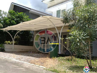 Tenda Membrane Jakarta (Teras Perumahan), Braja Awning & Canopy Braja Awning & Canopy モダンデザインの テラス 合成繊維 ブラウン