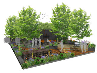 Trade Stand Concept for Chelsea Flower Show 2018, Aralia Aralia Zen garden Wood Wood effect