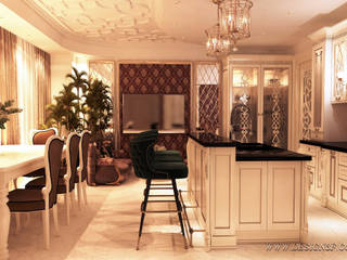 Элитный интерьер гостиной совмещенной с кухней , студия Design3F студия Design3F غرفة المعيشة