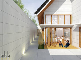 Rumah Ibu Siska, SEKALA Studio SEKALA Studio Jardins de fachadas de casas Madeira Efeito de madeira
