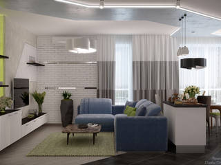 Дизайн кухни-гостиной в стиле модернизм в квартире в ЖК "7 континент", г.Краснодар, Студия интерьерного дизайна happy.design Студия интерьерного дизайна happy.design Modern living room