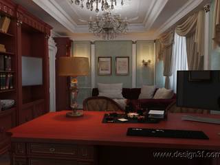 Интерьер кабинета с мебелью из красного дерева, студия Design3F студия Design3F Ruang Studi/Kantor Klasik