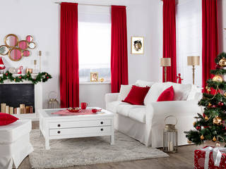 Dekoria Wohnzimmer in weiß und Rot Weihnachten, samtige Stoffe, Beistelltisch Ikea Sofa Dekoria GmbH Wohnzimmer im Landhausstil Rot dekoria,wohnzimmer,christmas,Couch- und Beistelltische