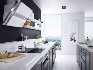 Kontrast w kuchni z białym okapem skośnym od Globalo, GLOBALO MAX GLOBALO MAX Kitchen