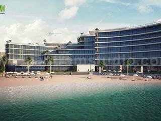 Modern 3D Exterior Rendering Beach Side Hotel View Design Services by Yantram Architectural Modeling Firm, Dubai - UAE, Yantram Animation Studio Corporation: modern by Yantram Animation Studio Corporation, Modern
