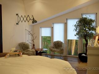Интерьер небольшой спальни на мансарде, студия Design3F студия Design3F Ausgefallene Schlafzimmer Beige