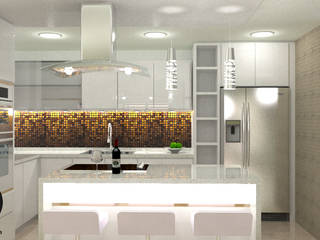 cocina blanca tipo isla , DECOESCALA ARQ JHON LEAL DECOESCALA ARQ JHON LEAL Small kitchens Wood-Plastic Composite