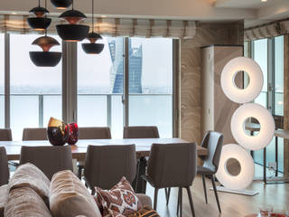 TOWER RESIDENCE 「Art de vivre 」, 株式会社Juju INTERIOR DESIGNS 株式会社Juju INTERIOR DESIGNS Eclectic style dining room Wood Beige