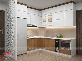 Công trình tủ bếp acrylic kết hợp laminate kèm vách ngăn CNC nhà Mrs.Huyền – Hoàng Cầu, Nội thất Hpro Nội thất Hpro مطبخ