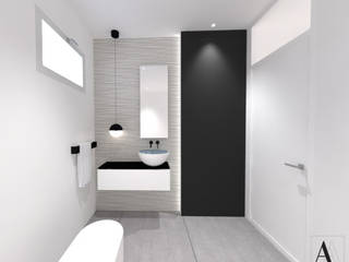 Progettazione bagno in bianco e nero, ALFONSI ARCHITETTURA ALFONSI ARCHITETTURA Kamar Mandi Modern Keramik