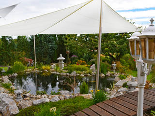 Sonnensegel über Teich/ Koiteich, Pina GmbH - Sonnensegel Design Pina GmbH - Sonnensegel Design Modern garden White