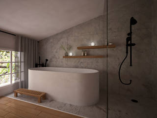 Infografía 3d para reforma integral de una vivienda en Málaga, nowheresoon. estudio creativo en madrid nowheresoon. estudio creativo en madrid Modern bathroom Ceramic