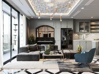 Phong cách Art Deco và New York Style kết hợp trong thiết kế nội thất căn hộ Vinhomes Golden River, ICON INTERIOR ICON INTERIOR Modern Living Room