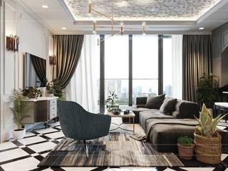 Phong cách Art Deco và New York Style kết hợp trong thiết kế nội thất căn hộ Vinhomes Golden River, ICON INTERIOR ICON INTERIOR Modern Living Room