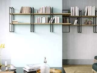 Shell: Una libreria a parete modulare con il design minimal e funzionale, Damiano Latini srl Damiano Latini srl Nowoczesny salon Żelazo/Stal