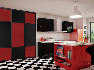 Ambiance Rétro, Kazed Kazed Nhà bếp phong cách chiết trung Ly Red Cabinets & shelves