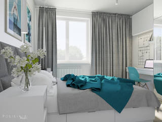 Sypialnia z turkusowymi dodatkami, Polilinia Design Polilinia Design Nowoczesna sypialnia