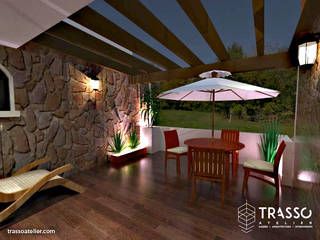 PROYECTO CASA DE DESCANSO TEZONTLA, TRASSO ATELIER TRASSO ATELIER Rustic style balcony, veranda & terrace Stone Brown