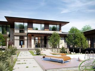 Современный двухэтажный дом с панорамными окнами: Дома в . Автор – Компания архитекторов Латышевых 'Мечты сбываются'