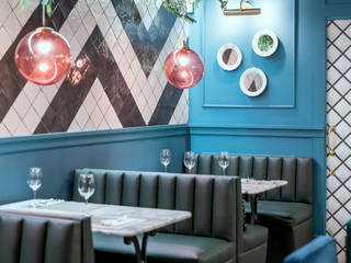 Diseño y decoración restaurante clásico vintage Madrid, Guille Garcia-Hoz, interiorismo y reformas en Madrid Guille Garcia-Hoz, interiorismo y reformas en Madrid Espacios comerciales Azulejos Azul