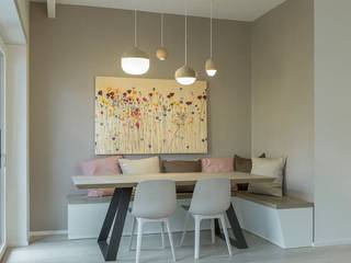 Dining with hanging lights and benches decorMyPlace Modern Dining Room Plywood Grey
