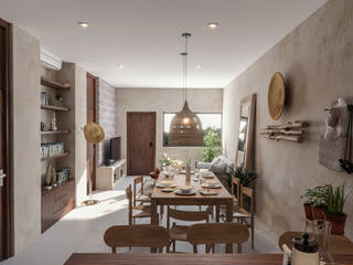 PROYECTO DE DEPARTAMENTOS TIKAL, ARQUITECTURA AC+1 ARQUITECTURA AC+1 Tropical style dining room Wood Wood effect