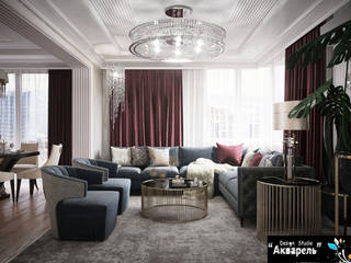 Интерьер четырехкомнатной квартиры в стиле американской классики , Дизайн студия "Акварель" Дизайн студия 'Акварель' Klasik Oturma Odası Ahşap Ahşap rengi