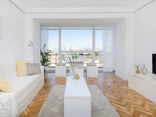 Home Staging con muebles efímeros de alquiler en piso piloto en Madrid, Theunissen Home Staging Madrid Theunissen Home Staging Madrid غرفة المعيشة