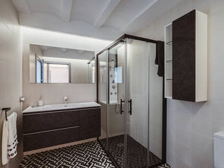 Baño elegante diseñado combinando blancos y negros. OOIIO Arquitectura Baños de estilo moderno Cerámico Negro