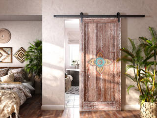 Амбарная дверь на роликовом механизме с нанесением индивидуального орнамента, Hati Jati Hati Jati Eclectic style bedroom Wood Wood effect