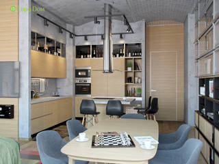 Дизайн четырехкомнатной квартиры 148 кв. м в стиле лофт. Фото проекта, ЕвроДом ЕвроДом インダストリアルデザインの キッチン