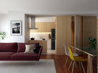 Remodelação Sala e Cozinha, 3d Solutions 3d Solutions Ruang keluarga: Ide desain interior, inspirasi & gambar Kayu Wood effect