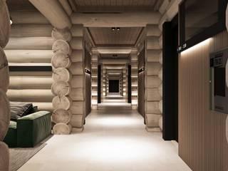 PARK-HOTEL Парк-отель на Алтае, первый жилой бревенчатый корпус, АРТ УГОЛ Студия архитектуры и дизайна АРТ УГОЛ Студия архитектуры и дизайна Minimalist corridor, hallway & stairs