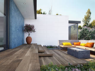 Terrazas con madera cerámica, Interceramic MX Interceramic MX Rustic style balcony, veranda & terrace Ceramic